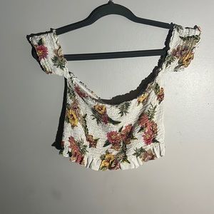 Floral crop top. With ruffles. White, green, pink, yellow. Kind of tropical.